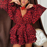 Explosion Printing Design Dress 2025 New Collar Tie With Waist Thin Leopard Dress Woman 68HZ