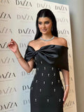 High-End Women Thin Dress Dress Dress Water-Drilled Shoulder Elegant Temperament Banded Evening Dress 68HZ