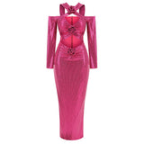 New Women's Sexy V-Neck Long-Sleeved Dress High-End Decorative Flowers Under The Fork Dress Long Model 68HZ