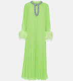 Small Group Liu Jialing With The Same Water Drill Ostrich Hair Decoration Long-Sleeved Holiday Chiffon Dress SP 68HZ