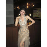 Evening Dress Heavy Industry Party High-End Light Luxury Niche Famous Temperament Flash Hanging Neck Wedding Dress Robe 68HZ