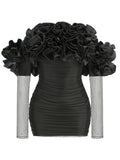 Women's New Flower Decoration Sexy Corset Dress Perspective Mesh Long-Sleeved Ass Skirt Dress 68HZ