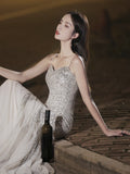 Evening Dress Fishtail Woman 2024 New High-End Banquet Temperament Silver Dress Light Luxury Niche High-End Host 68HZ