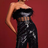 New Black Squins Party Feather-Smeared Boobs Mesh Spliced Sexy Body-Repair Belt 68HZ