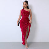 Direct Selling New Women's Clothing 2025 Spring Fashion Squin Single-Sleeve-Less Open-Fork Dress Solid Color 68HZ