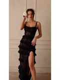 Spring And Summer Sexy Bare Back Sling Lace Perspective Shoulder Wave Repair Side Of The Skirt Dress 68HZ