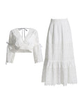 Australian Trendy Two-Piece Set 2025 New Fashion V-Neck Lace Embroidered Horn Sleeve Top + High-Waisted Long Dress 68HZ