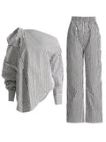Japan And South Korea Simple Wind 2025 Spring New Fashion Niche Slanted Shoulder Hollow Striped Straight Trouser Shirt Set Female Trend 68HZ
