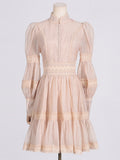 French Retro High-End Short Dress 2025 Summer New Fashion Collar Lantern Sleeve Mesh Waist Dress Dress Woman 68HZ