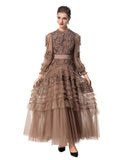 Spring And Autumn 2024 New Round Collar Retro Embroidery Weaving Mesh Wood Ear Heavy Industry Dress Dress Dress Woman 68HZ