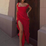 Women's French Suspension Dress Design Sensual Spice Girls Sexy Open Fork Dress Red Chiffon Dress Summer 68HZ