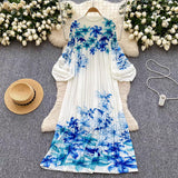 Miyake 2025 Summer New Dress Women's Design Printing Collar Long Sleeve Loose Thin Folds Long Dress 68HZ