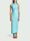 Clent Style Style Sleeveless Dress 2025 New Irregular Splicing Three-Dimensional Flowers Long Open Fork Dress Woman 68HZ