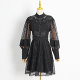 French Style High-End Embroidery Hook Dress 2025 New Lantern Sleeves To Close The Waist Thin Solid Color Dress Women's Summer 68HZ