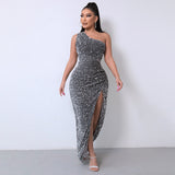 Direct Selling New Women's Clothing 2025 Spring Fashion Squin Single-Sleeve-Less Open-Fork Dress Solid Color 68HZ