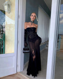 Autumn/Winter 2024 New Black Lace Breast Dress Long Dress Women's Gloves Three-Piece Set 68HZ