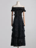 One-Word Shoulder-To-Shoulder-Backed T-Shirt Dress Woman 2025 Spring New Fashion Fashion Splicing Lace Waist Long Skirt 68HZ