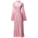 Vintage Style Collar Lace Splicing Horn Long Sleeve Long Dress Dress Spring And Summer New Women's Dress 2024 68HZ