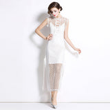 Summer New French Fashion Dinner Mature Dignified Salt Wind Hollow Rounded Sleeveless Dress 68HZ
