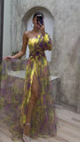 Summer New Women's Sexy Slant Shoulder Shoulder Long Sleeve Broken Flower Dress Dress High-End Big Swing Flowers 68HZ