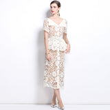 British Niche Temperament Thousands Of Gold Windy Collar Short-Sleeved Lace Waist Dress Dress With Belt 68HZ
