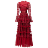 French Elegant Embroidered Lace Collar Long-Sleeved Dress Red Long Dress Spring And Summer Women's Dress 2025 68HZ