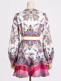 Bohemian Wind Print Lotus Leaf-Side Dress 2025 Summer New V-Neck Lantern Sleeves To Close The Waist Thin Skirt Woman 68HZ