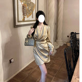 V Collar Long Sleeves Golden Lilyded Shiny Dress Femininity Folds Thin-Buttoned Dress 68HZ
