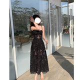 New Black Jacarnous Sling Dress French Sexy Bra Dress Micro-Permeal Skirt Long Waist Skirt 68HZ