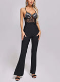 Lean Hepburn Women's Sling Lace Bandage Elastic Slimming Jumpsuit Fish Bone Long Black 68HZ
