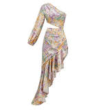 Fashion Sexy Oblique Shoulder Crumid Dress Girl Body Hollow Lotus Leaves Set Irregular Dress 68HZ