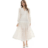 Heavy Industry Plate Flower Splicing Lantern Long Sleeve White Swing Dress Dress New Women's Autumn And Winter 2024 68HZ