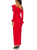 Women's Three-Dimensional Flower Design Folds Open Fork Solid Color Dress Dress 68HZ