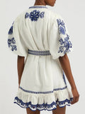 Art Style Single Row Buckle Bubble Sleeve Skirt 2025 New Retro Embroidery Sketch Design Short Dress Women's Summer 68HZ