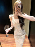 High-End Women's Nude Flash-Colored Back Light Luxury Party Birthday Sexy Dress Hanging Dress 68HZ