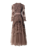 Spring And Autumn 2024 New Round Collar Retro Embroidery Weaving Mesh Wood Ear Heavy Industry Dress Dress Dress Woman 68HZ