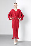 Miyako Dress 2025 Summer New Temperament Relaxed Bat Sleeve V Collar Thin Fish Tail Folded Long Dress 68HZ