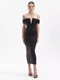 New Fashion Dress Elegant V-Neck Sexy Hot Diamond Into Shoulder Sleeve Banquet Dress Bodyd Women 68HZ