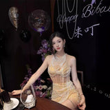 Evening Dress Gentle High-End Light Luxury Niche Dress French Heavy Industry Nail Bead Banquet Adult Birthday Dress 68HZ