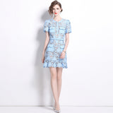 French Niche Temperament Light Blue Collar Lace Dress Water Drill Single Buckle Waist Skirt Woman 68HZ