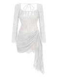 Long-Sleeved Sexy Lace Fish Bone Girded Waist Dress Autumn And Winter New Short Dress 68HZ