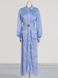 Spring 2025 New Women's Fashion Flip Lantern Long Sleeve Single Buckle Belt Lace Long Temperament Dress Woman 68HZ