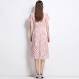 2025 Summer New Pink Diamond Pearl Collar Short-Sleeved Lace Dress Femininity Long Dress 68HZ