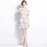 French Niche Temperament Light Blue Collar Lace Dress Water Drill Single Buckle Waist Skirt Woman 68HZ