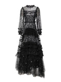 Round Lantern Long-Sleeved Mesh Yarn Heavy Lumini Glide Lotus Leafy Puffy Long Dress Dress Dress Autumn 2024 68HZ