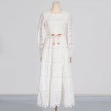French Retro High-End Long Dress 2025 Spring New Hollow Tie Solid Color Waist Thin Dress Woman Trend 68HZ