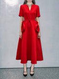 Elegant Wind V-Neck Waist-Skinny Dress 2025 New Niche Design Sense Splicing Three-Dimensional Flower Dress Woman 68HZ