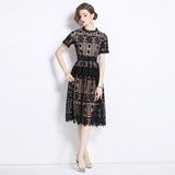 Vintage Court Style Temperament Short-Sleeved Round-Neck Waist Thin A-Word Hook Lace Dress Elegant Dress 68HZ