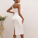 New High-End Sexy Decorative Flower Dress Fashion Slant Shoulder Big Flower Party Dress Long 68HZ