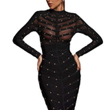 Women's Clothing Heavy Industry Nail Perspective Mesh Long-Sleeved Dress Banded Dress Burst 68HZ